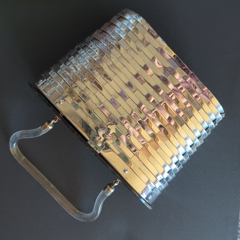 Vintage Dorset & Rex Silver Metal Basket Weave & Lucite Bag Purse